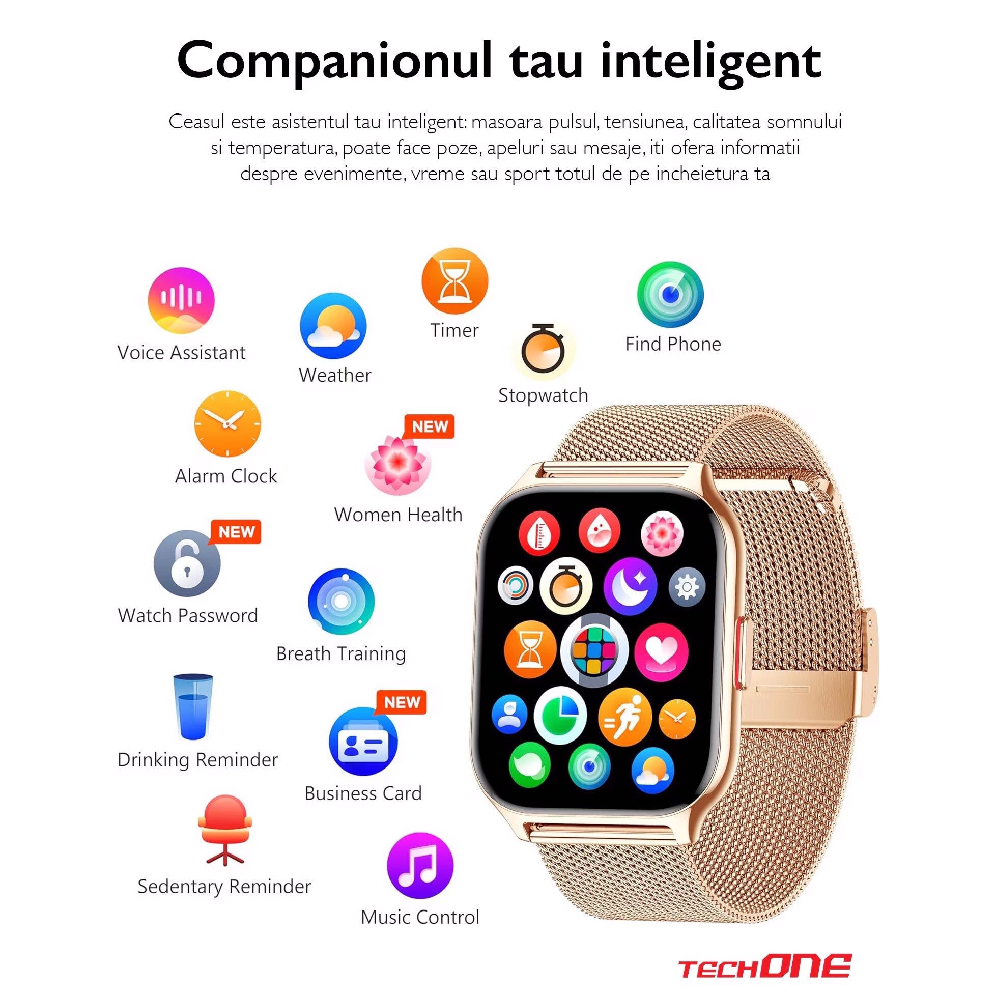 Ceas Smartwatch TechONE Wand Pro, Gold Ceas Smartwatch TechONE Wand Pro, Gold